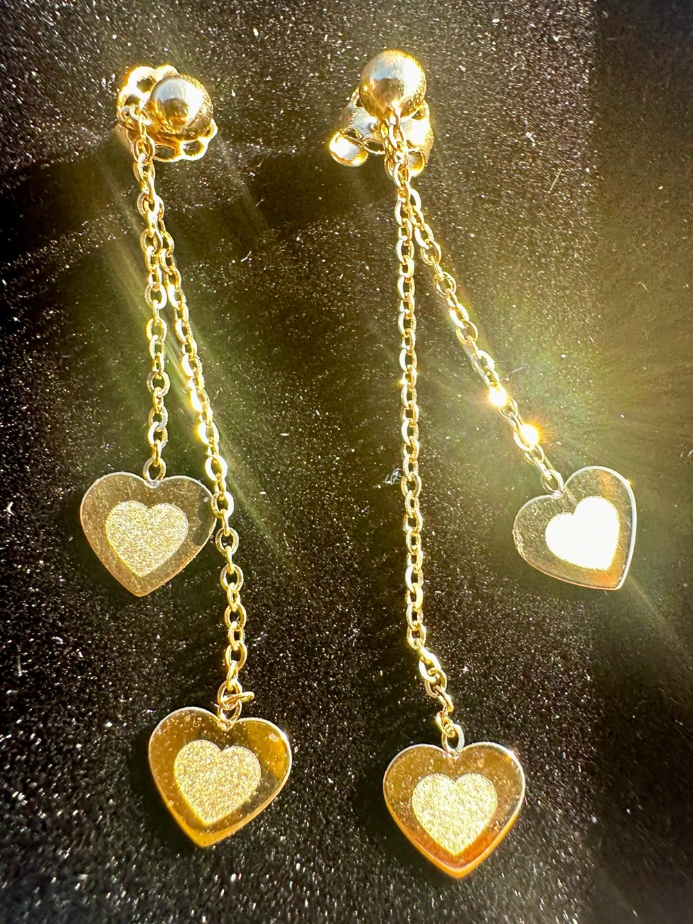 New 14K Solid Real Gold Earrings Long dangle double heart 14K gold earrings